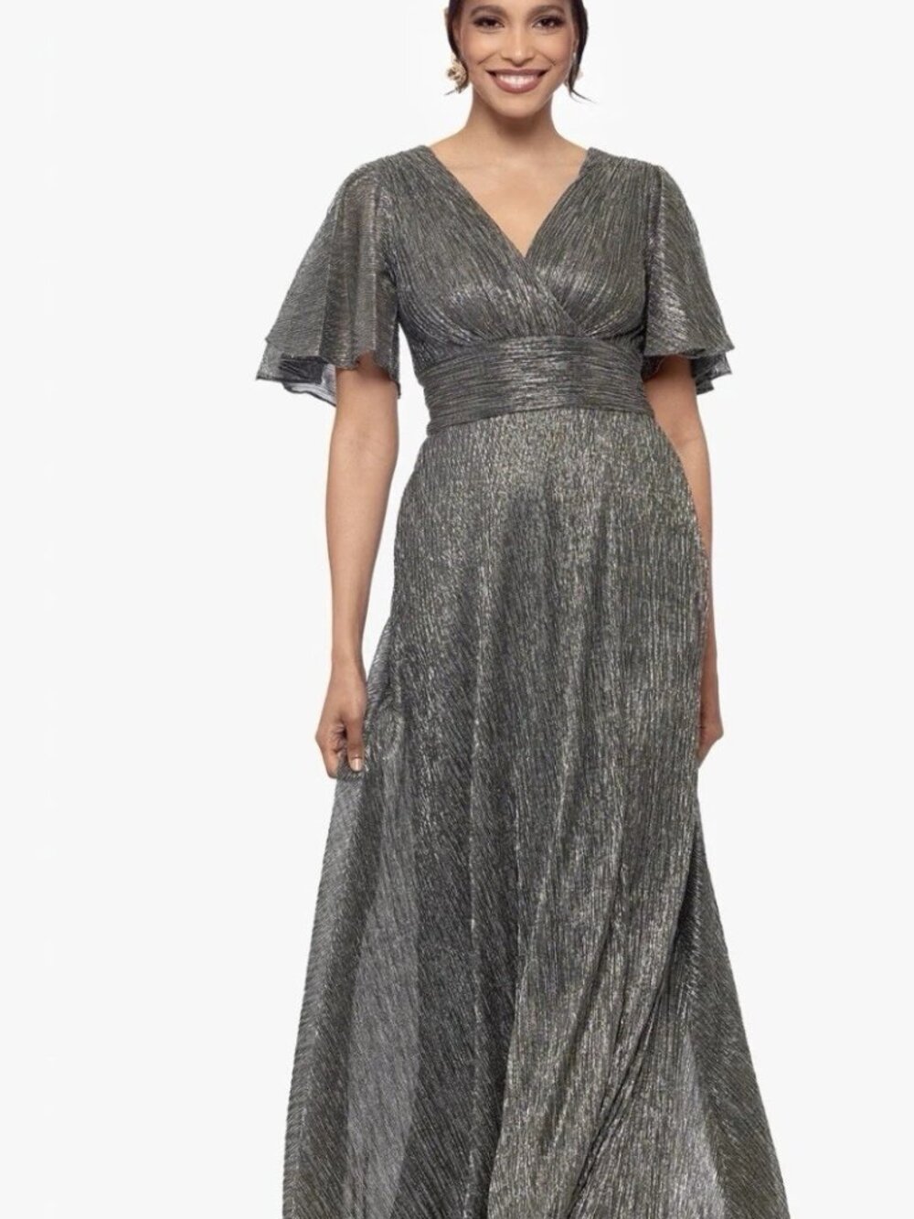Betsy & Adam Women Brown V-neck Flutter-sleeve Metallic Dress Gold/Silver/Black